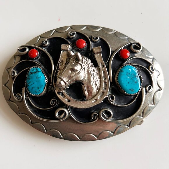 Squaw Wrap Signed Belt Buckle Turquoise, Coral, Horse and Lucky Horseshoe - Picture 1 of 7